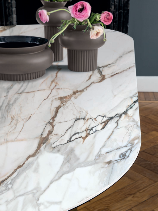 Elegant marble tabletop with white Calacatta Paonazzo ceramic marble finish, featuring striking brown and black veining, ideal for luxurious interior design.