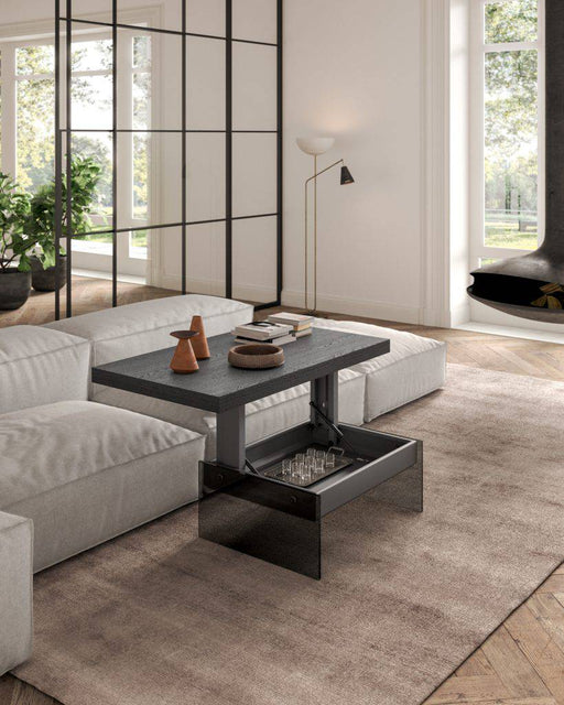 A modern transformable coffee table with hidden storage and adjustable height, showcasing versatile furniture for living room functionality.