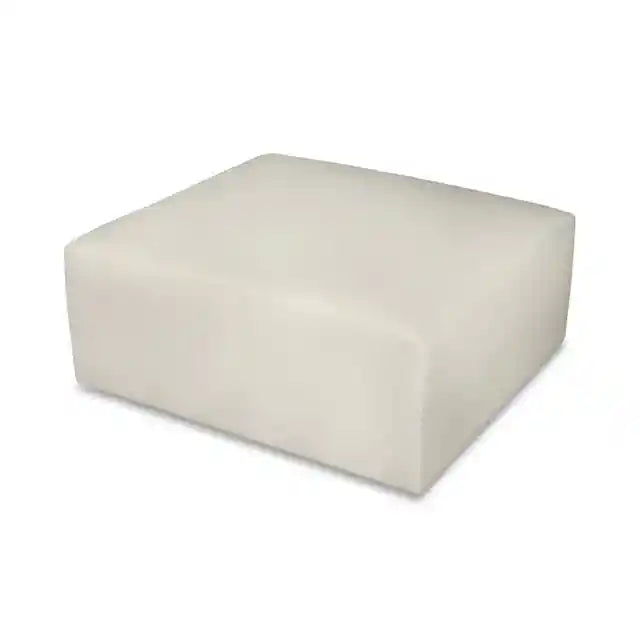 A square, low-profile ottoman or bench upholstered in a light cream or off-white fabric, shown against a plain white background.