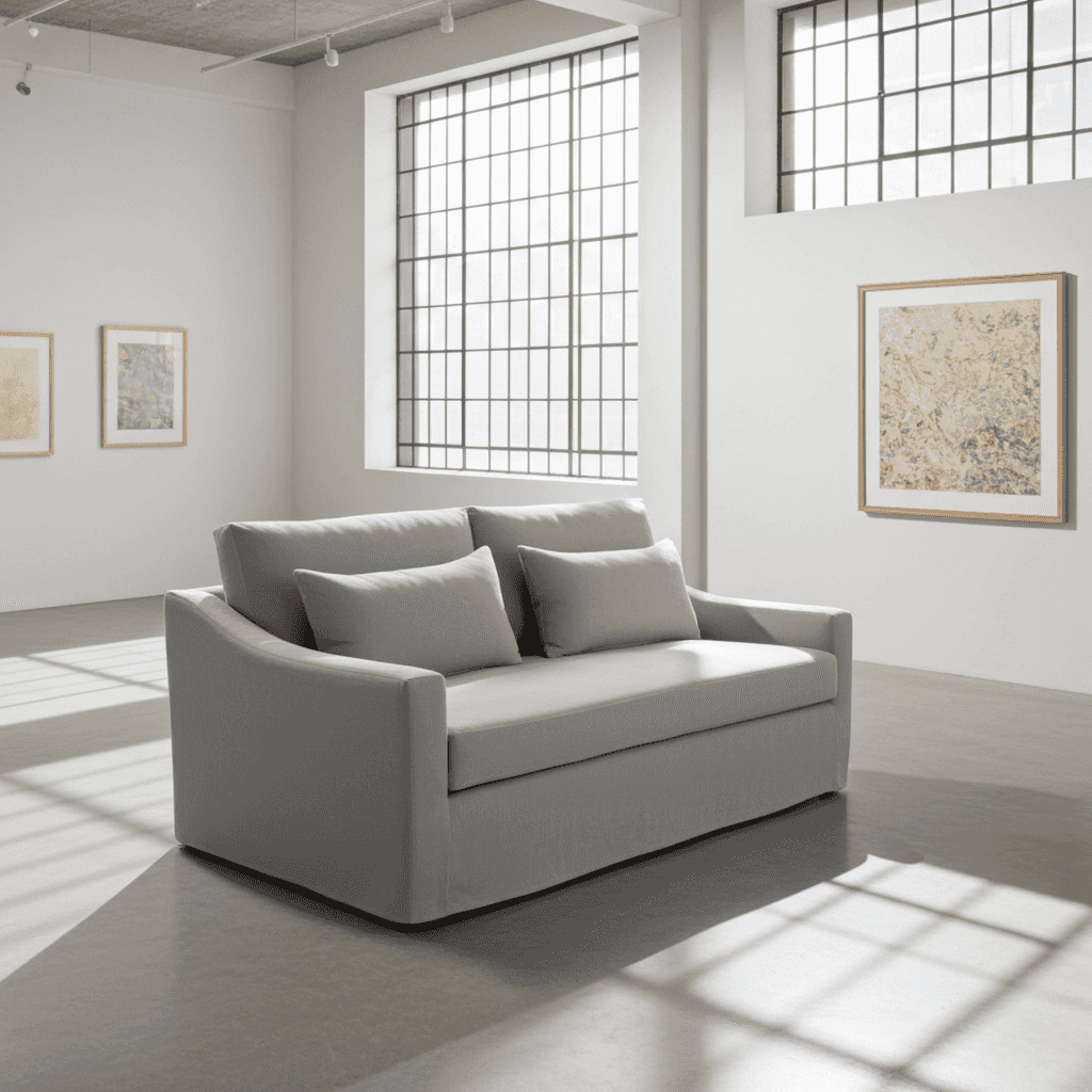 Gray sofa in a room with large windows and minimal decor