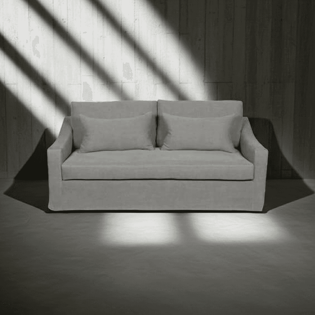 Gray sofa with two cushions in a room with light filtering through a window.