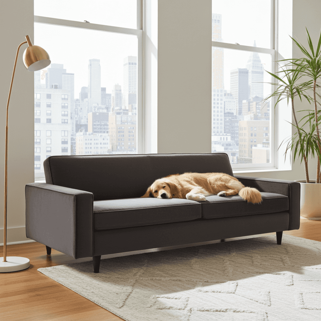 Dog lying on a gray Ashton sofa by Moss Home in a modern living room in New York City with large windows and NYC cityscape view.
