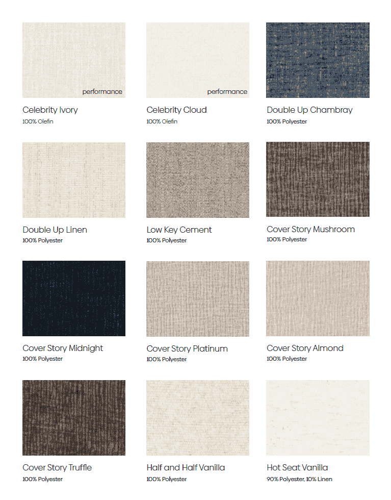 Fabric swatches in neutral tones including ivory, cloud, linen, and beige, showcasing upholstery options for lounge chairs and furniture