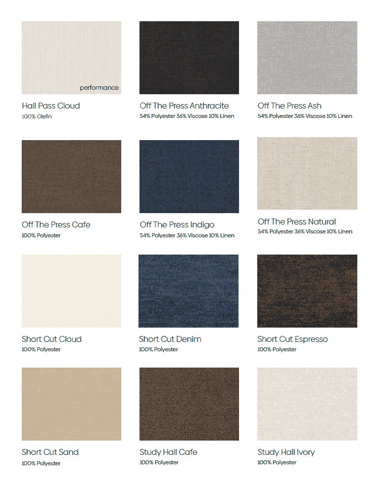 Fabric swatches for Moss Home Modular Sofas