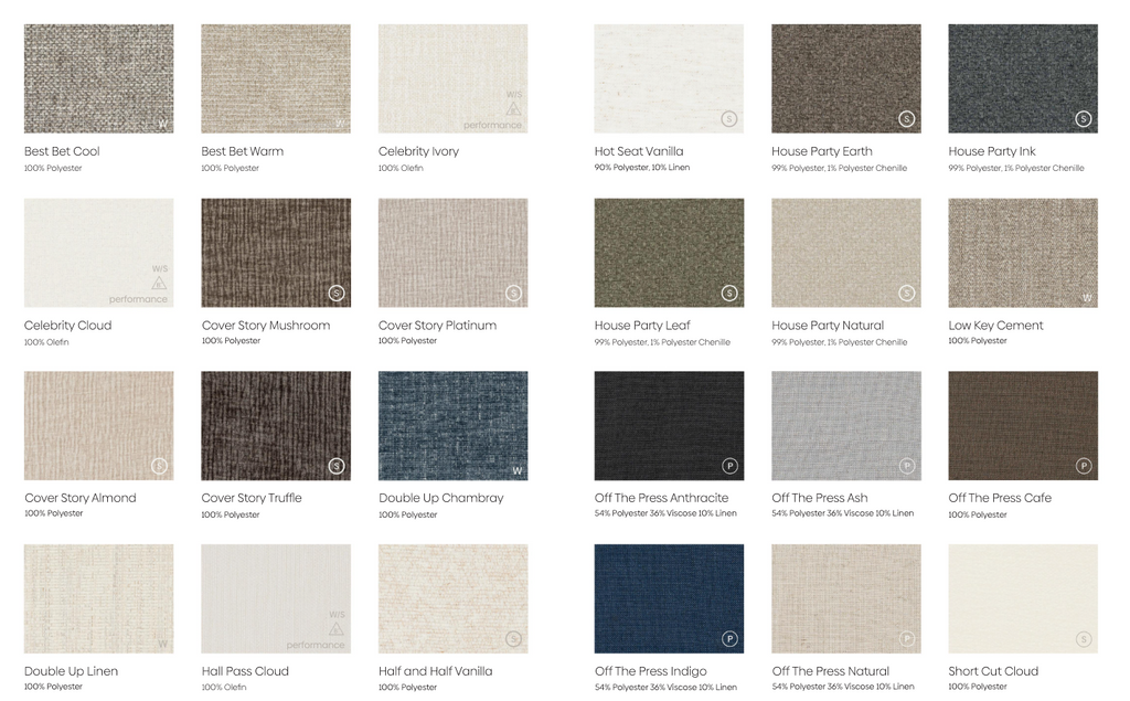 Fabric options for Basics by Moss Home Sofas