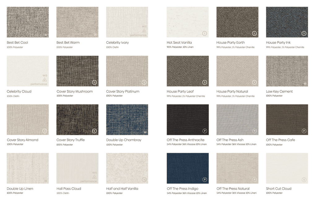 Fabric options for Basics by Moss Home Sofas