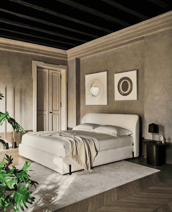 CS6217 Rendez Vous Bed by Calligaris Italy in a luxurious bedroom setting, featuring minimalist decor and elegant Italian craftsmanship.