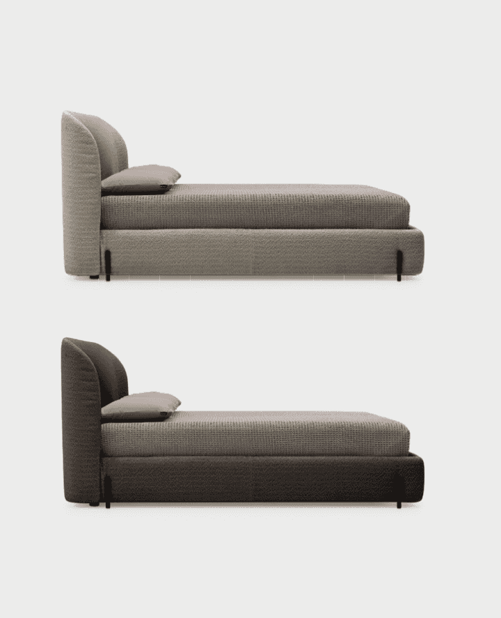 Two side profile views of CS6217 Rendez Vous Bed by Calligaris Italy in different fabric tones, emphasizing its customizable platform bed design.