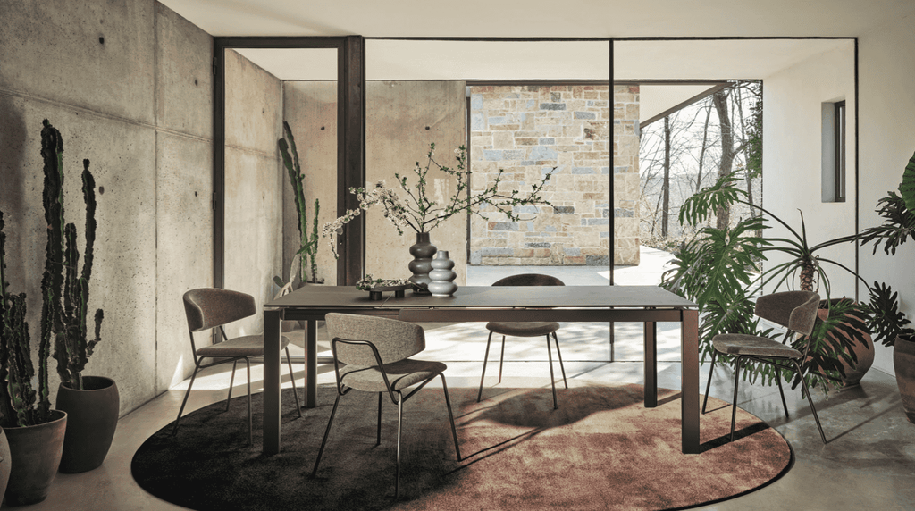 CS7192 Sky Rug by Calligaris in a circular shape beneath a dark dining table, complementing earthy tones and indoor plants.