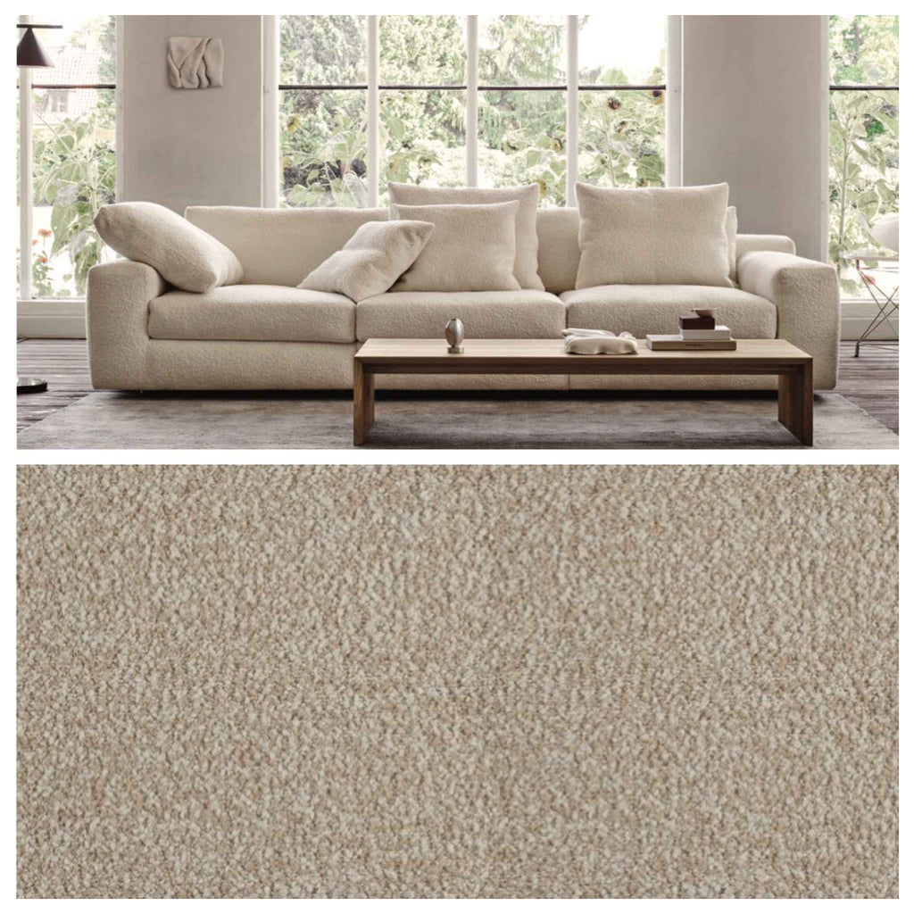 Aton Sofa by Eilersen in white boucle paired with fabric Curl 30 swatch, showcasing texture and color match, available at Trade Source Furniture.