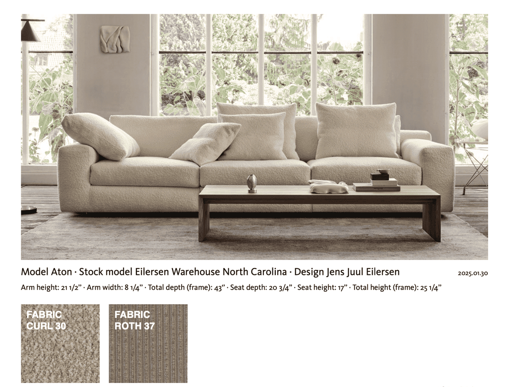 Aton Sofa by Eilersen stock model in white boucle with wood coffee table, includes dimensions and design details, from Trade Source Furniture.