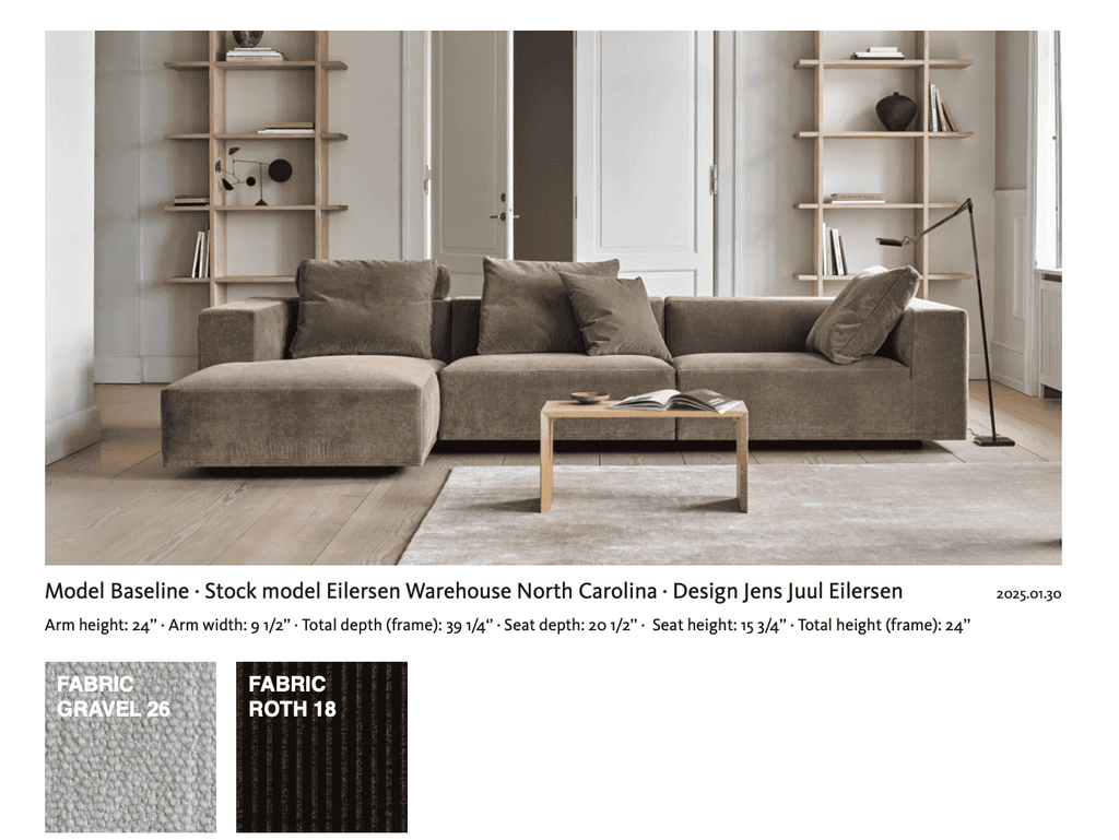 Eilersen Baseline Sofa with Chaise in gravel and roth fabric, shown with full dimensions and design details by Jens Juul Eilersen.