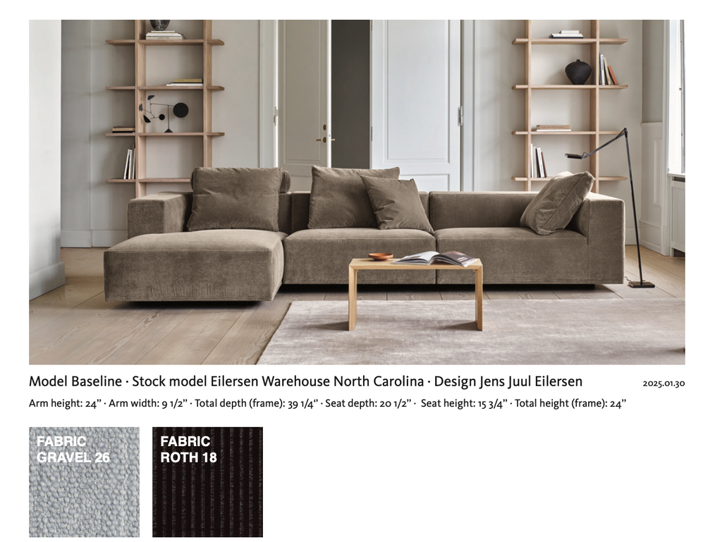 Eilersen Baseline Sofa with Chaise in gravel and roth fabric, shown with full dimensions and design details by Jens Juul Eilersen.