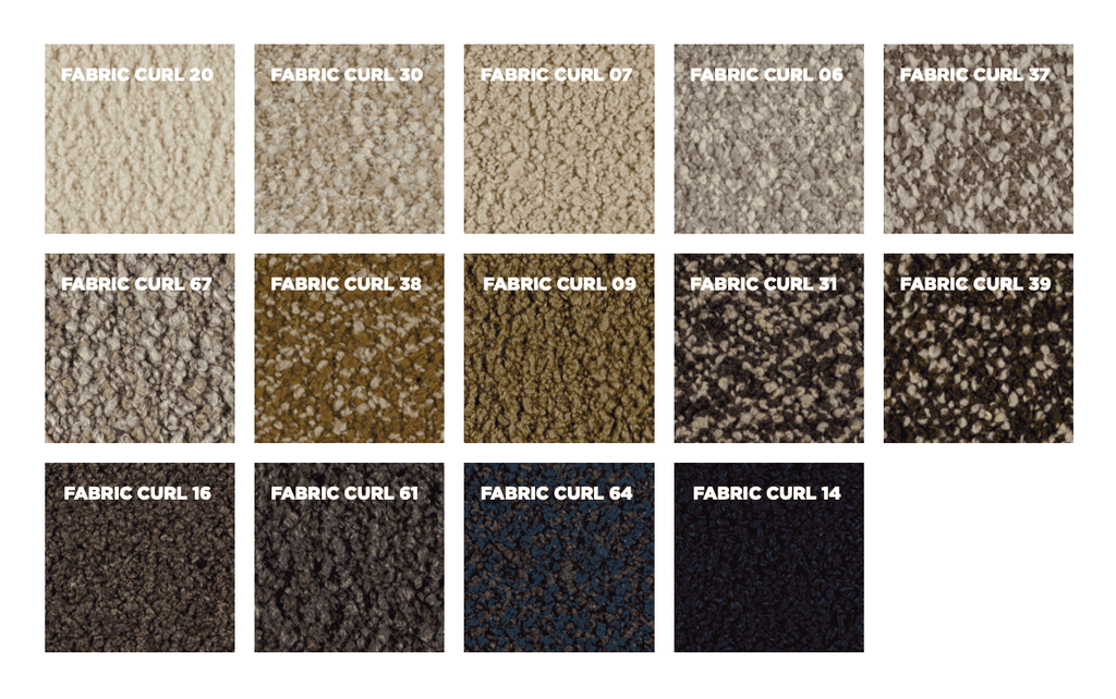 Fabric swatches for Eilersen Baseline Sofa in Curl collection, offering a variety of neutral and bold textured upholstery options.