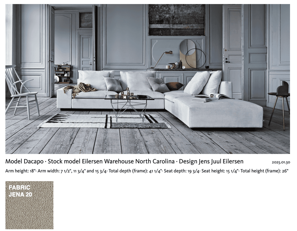 Dacapo Sofa model details with dimensions and fabric info, displayed in a styled room setting, part of Eilersen’s collection at Trade Source Furniture.