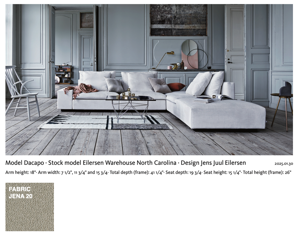 Dacapo Sofa model details with dimensions and fabric info, displayed in a styled room setting, part of Eilersen’s collection at Trade Source Furniture.