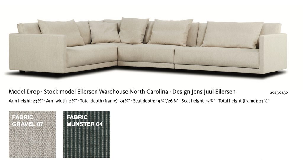 Eilersen Drop Sofa stock model in beige fabric with design specs, including dimensions and fabric options Gravel 07 and Munster 04.