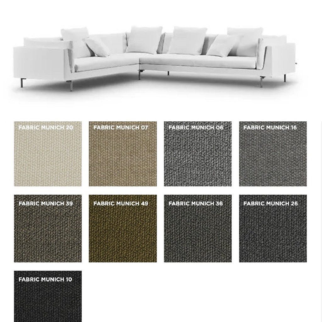 Float High Sectional Sofa by Eilersen with Munich fabric swatches, offering textured upholstery options in earthy and dark tones.