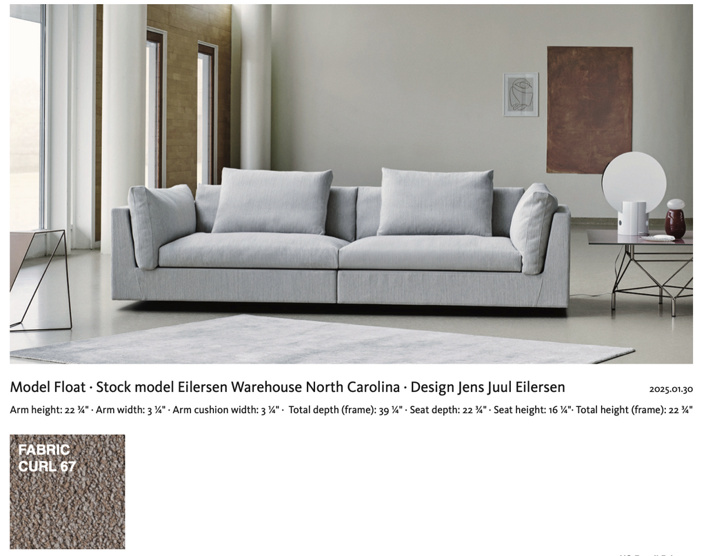 Float Sofa by Eilersen in Tangent 7 fabric with detailed dimensions and specs. Available at Trade Source Furniture for quick ship.