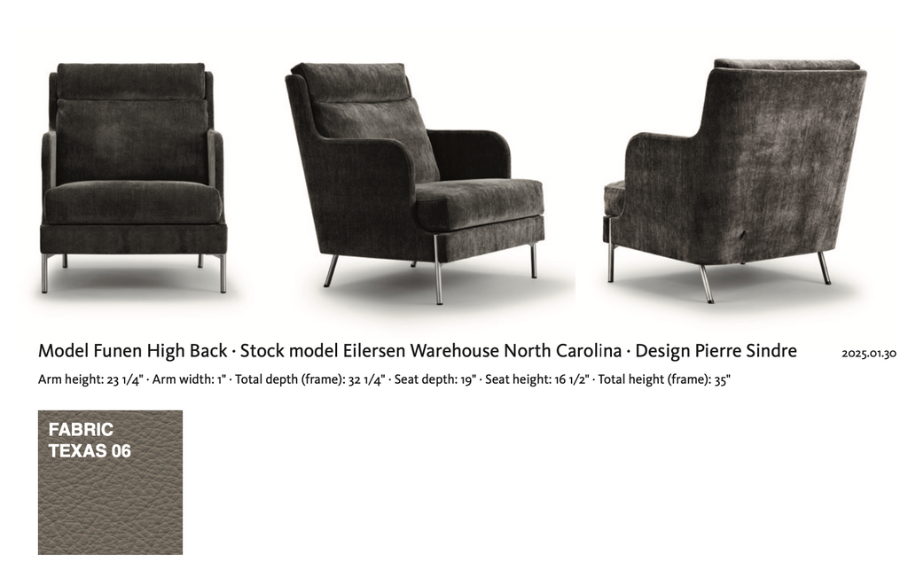 Funen High Back Chair by Eilersen in Texas 06 fabric, featuring detailed dimensions and sleek modern design by Pierre Sindre.
