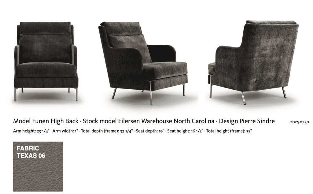 Funen High Back Chair by Eilersen in Texas 06 fabric, featuring detailed dimensions and sleek modern design by Pierre Sindre.