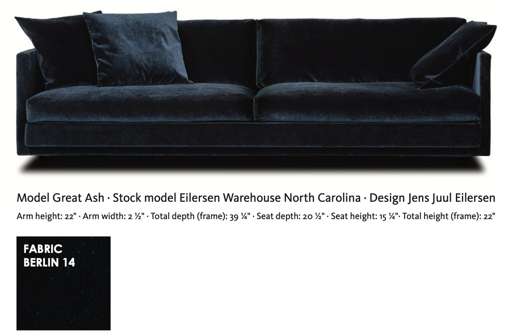 Front view of the Great Ash Sofa by Eilersen in Berlin 14 fabric, showcasing its modern silhouette and luxurious velvet texture.