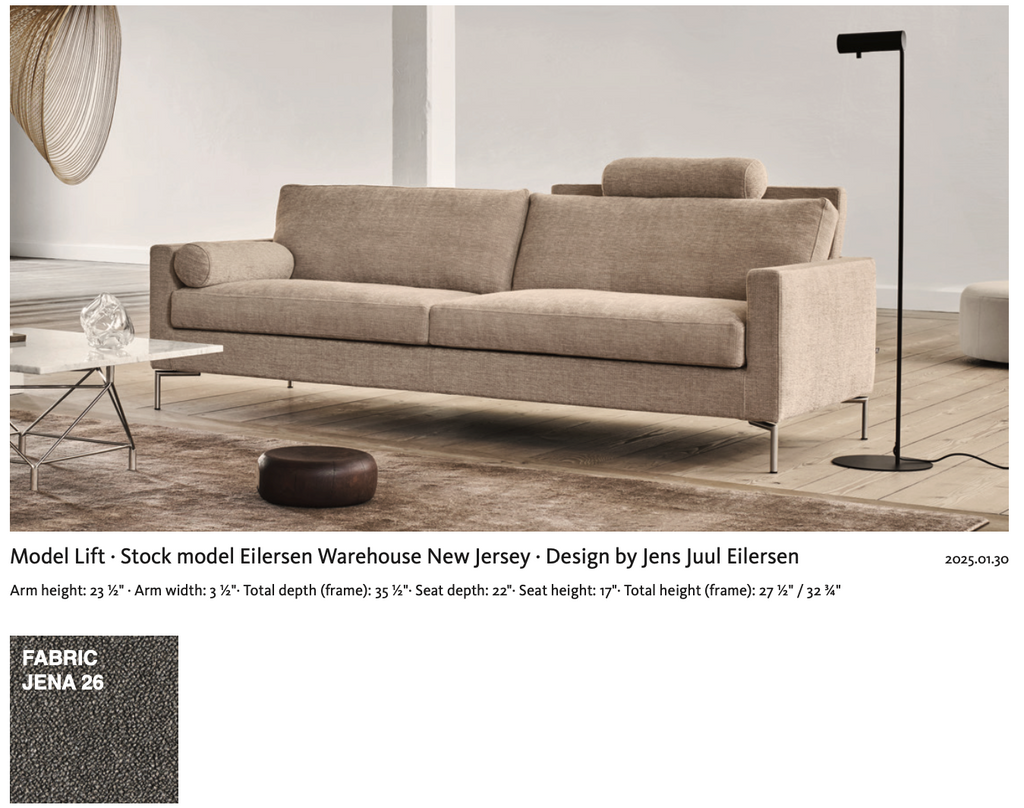 Quick Ship Lift Sofa by Eilersen in beige fabric with design specs and dimensions, designed by Jens Juul Eilersen.