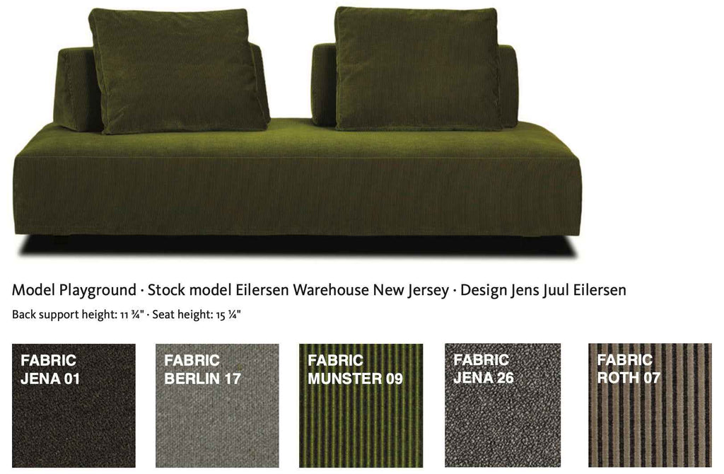 Green Eilersen Playground Sofa with fabric swatches below, showcasing available upholstery options from the New Jersey stock model.
