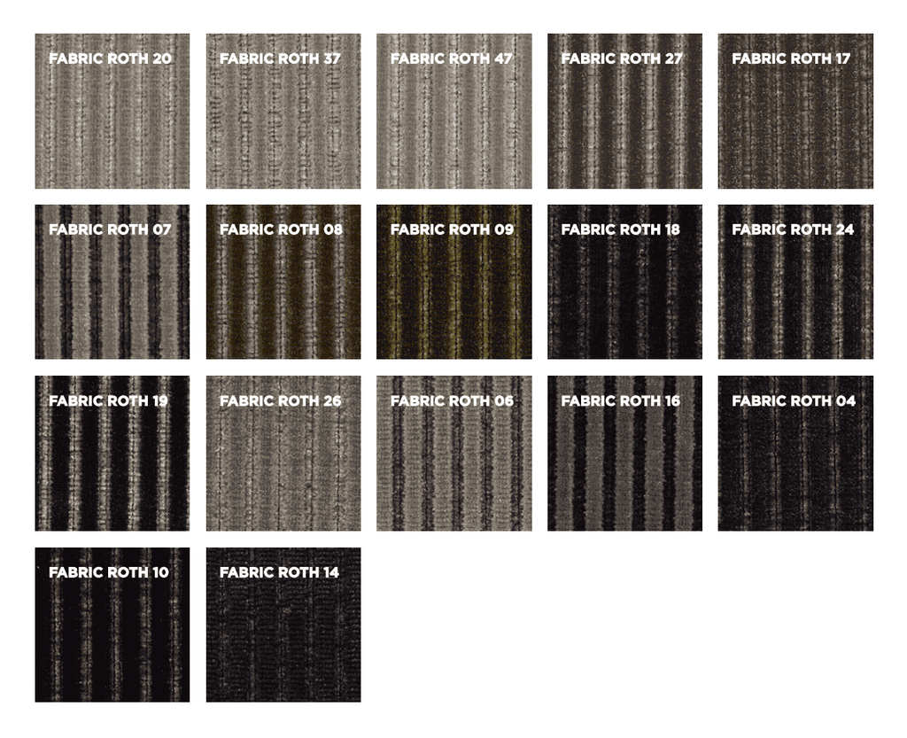 Roth fabric swatches for Eilersen Baseline Sofa, showcasing vertically ribbed textures in a variety of deep and neutral hues.