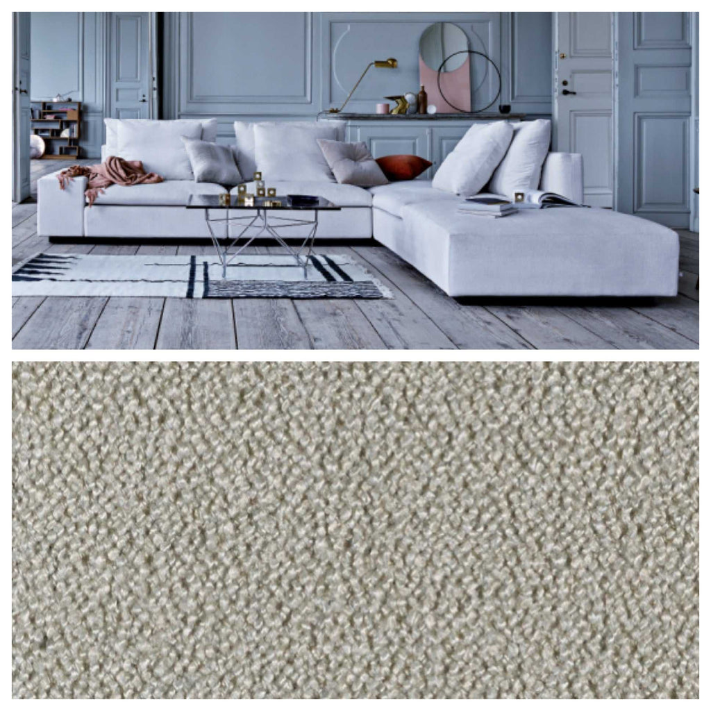 Close-up of Dacapo Sofa in white with fabric swatch Jena 20, highlighting texture and color options from Trade Source Furniture.