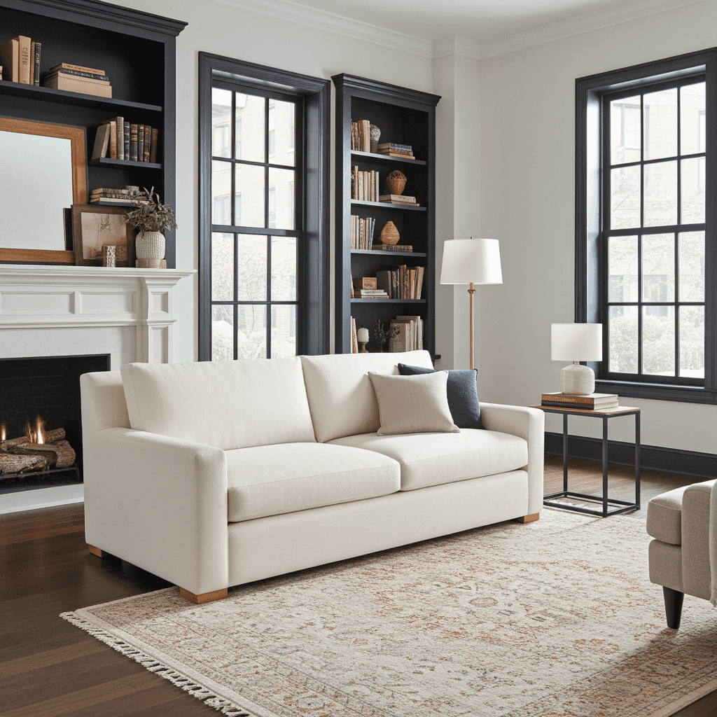 Living room with a white sofa, bookshelves, and large windows.