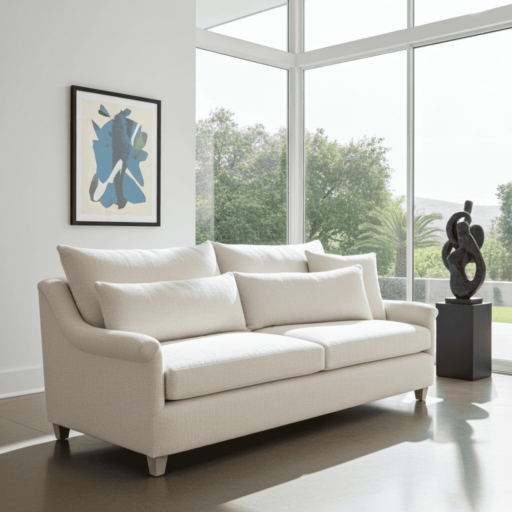 Beige sofa in a modern living room with large windows and abstract art.