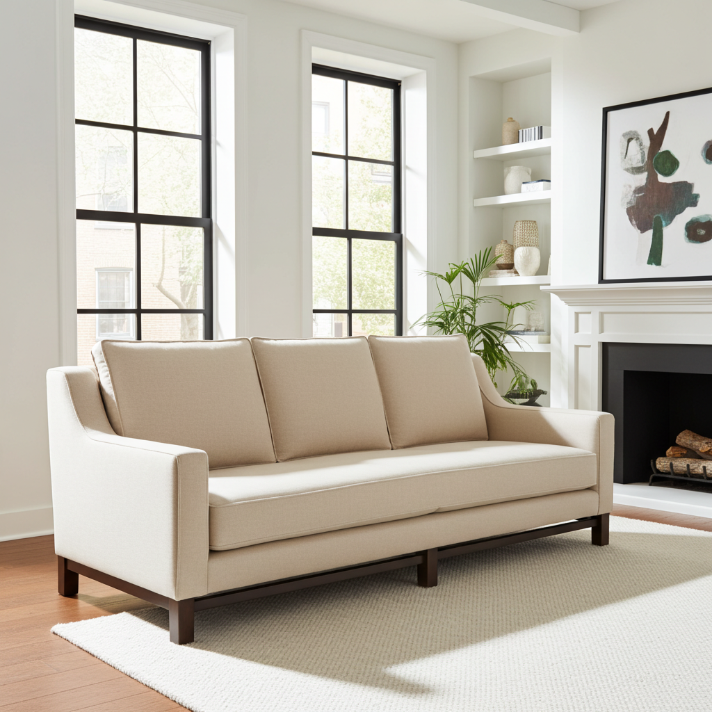 Beige sofa in a living room with large windows and a fireplace.