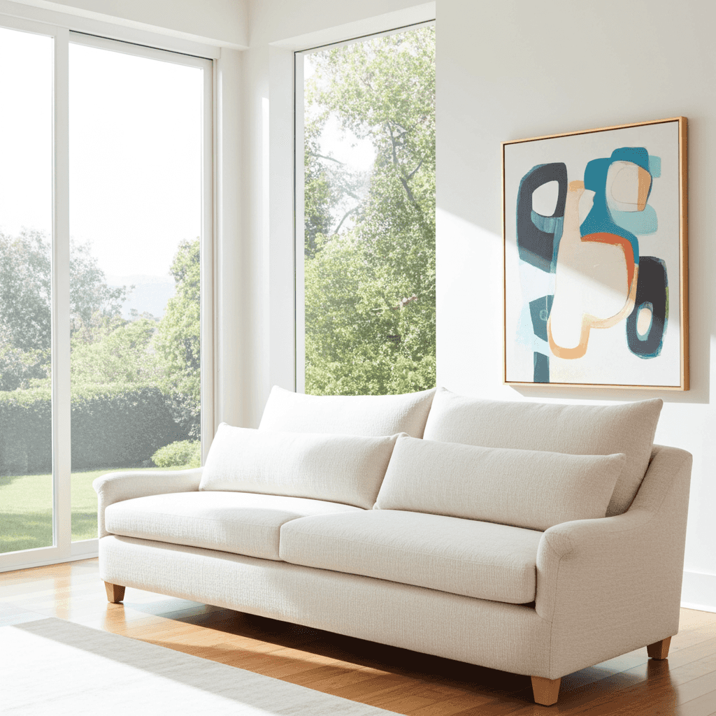 White sofa in a bright living room with a colorful abstract painting on the wall.
