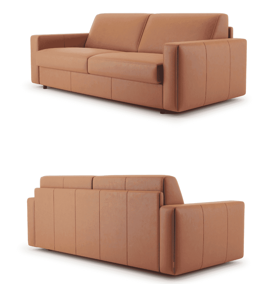 Front and rear views of Innovation Living Carnell Leather Sleeper Sofa Bed in Martel Cognac, highlighting its sleek, space-saving profile.