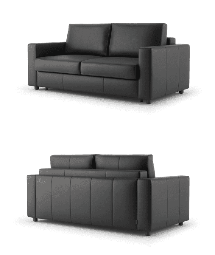 Innovation Living Neah Leather Sleeper Sofa Bed in black leather with modern boxy armrests and plush back cushions, ideal for space-saving interiors.