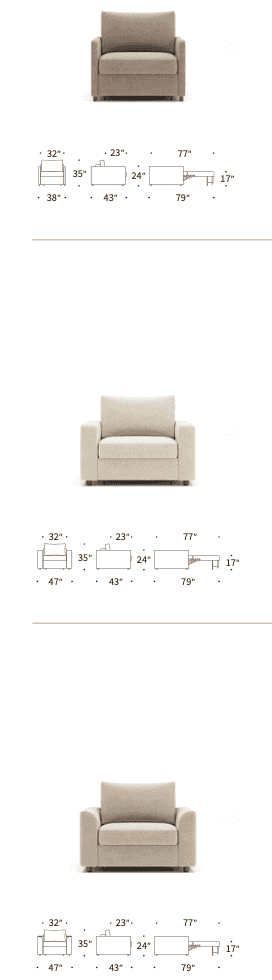Neah Sleeper Chair in Performance Fabric with detailed dimensions for three configurations, highlighting its space-saving sleeper design.