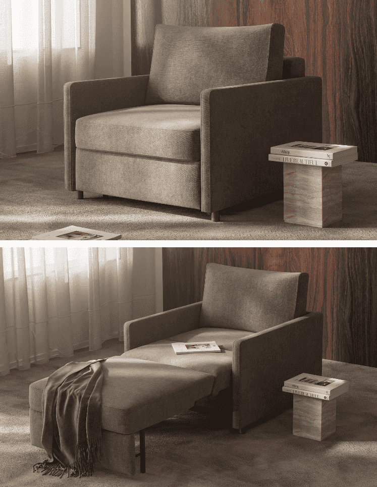 Neah Sleeper Chair in Performance Fabric shown in a modern living room, styled as a compact armchair and extended into a full-size bed.