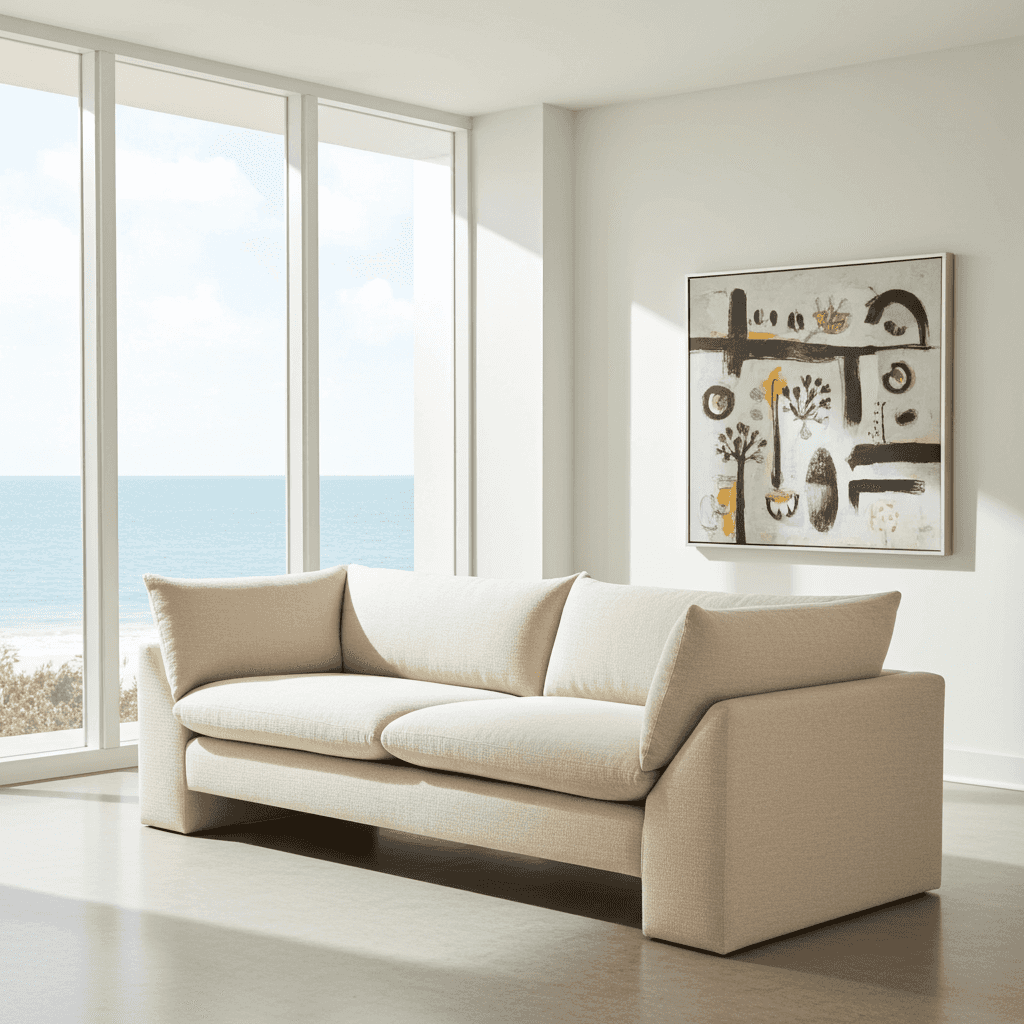 Modern beige fabric sofa with plush cushions and wide armrests in a bright living room overlooking the ocean, ideal for relaxing