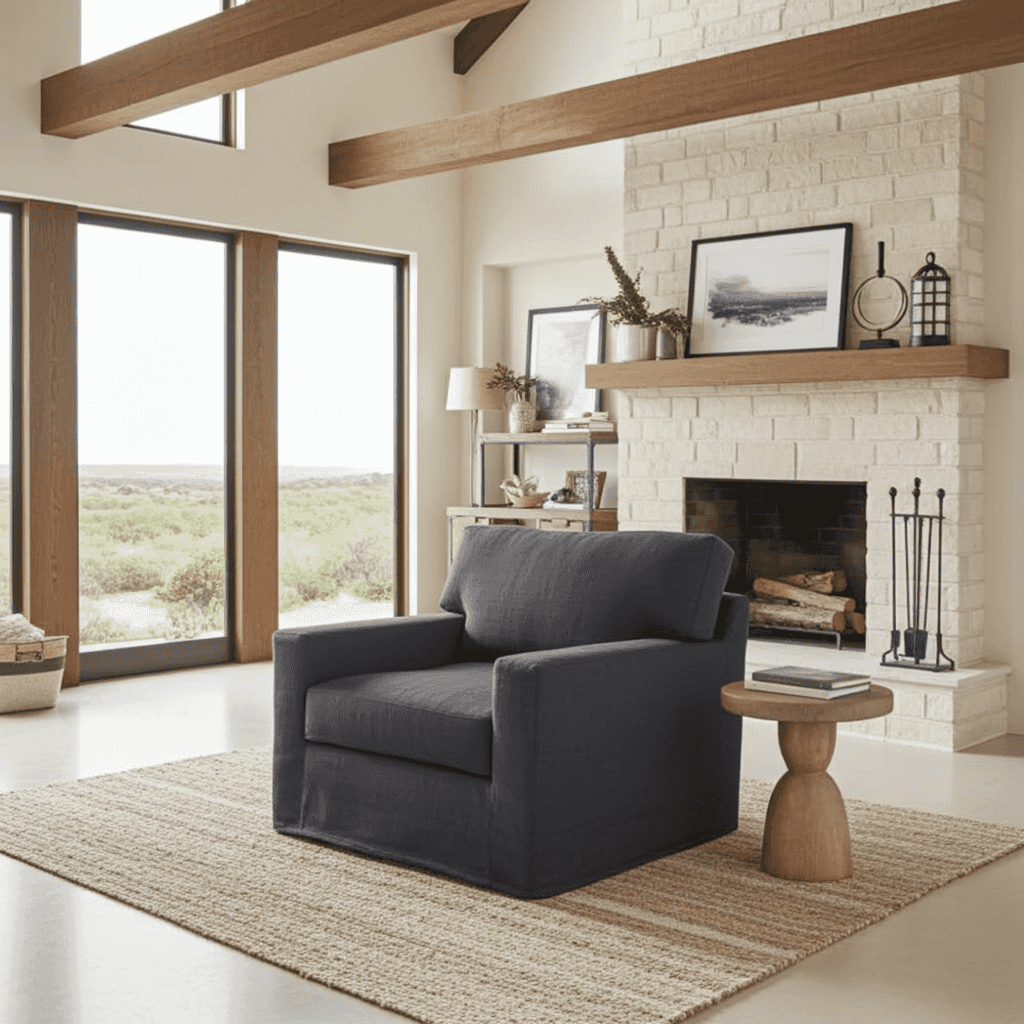 Modern living room with a gray armchair, fireplace, and large windows.