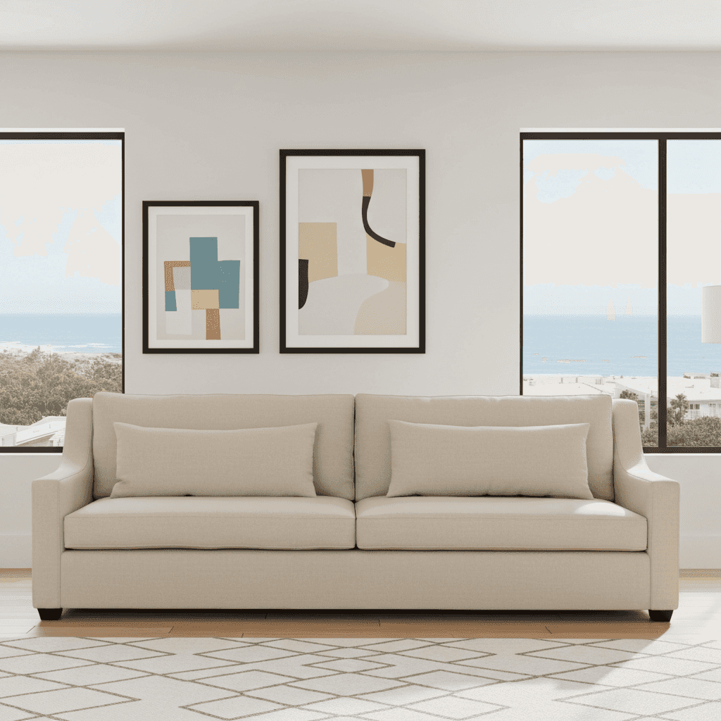 Light-colored upholstered sofa with cushions in a contemporary room with abstract art and large windows overlooking the ocean