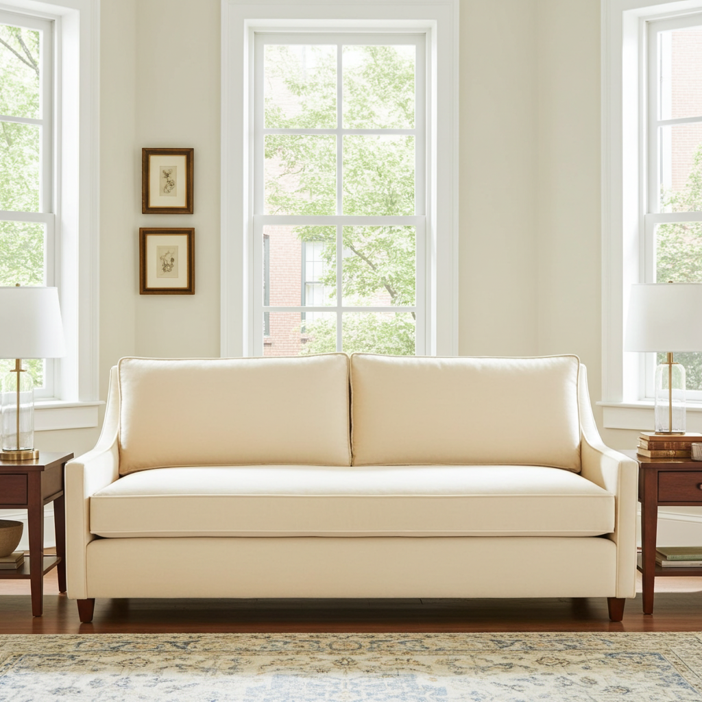 Beige sofa in a living room with large windows and light decor