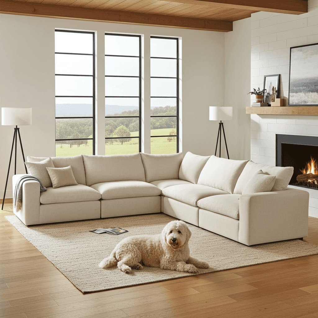 Elegant beige modular sectional sofa with plush cushions, perfect for living rooms, with large windows and a cozy fireplace