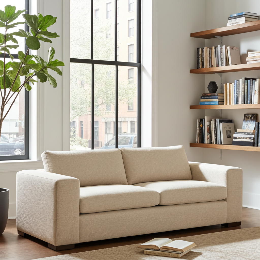 Beige sofa in a modern living room with large windows and bookshelves.
