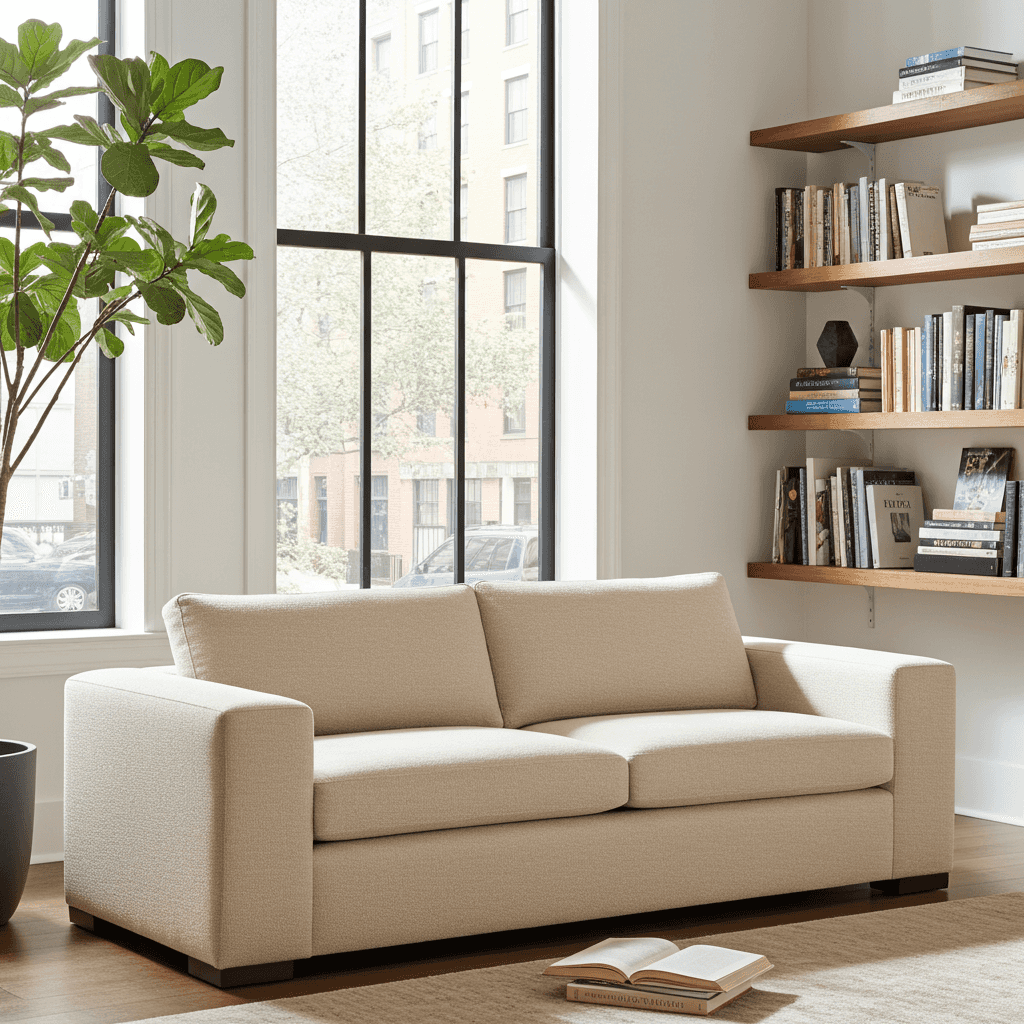 Beige sofa in a modern living room with large windows and bookshelves.