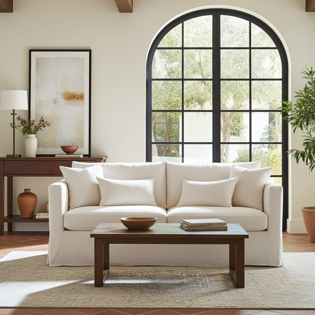 Living room with a white sofa, wooden coffee table, and large arched window.