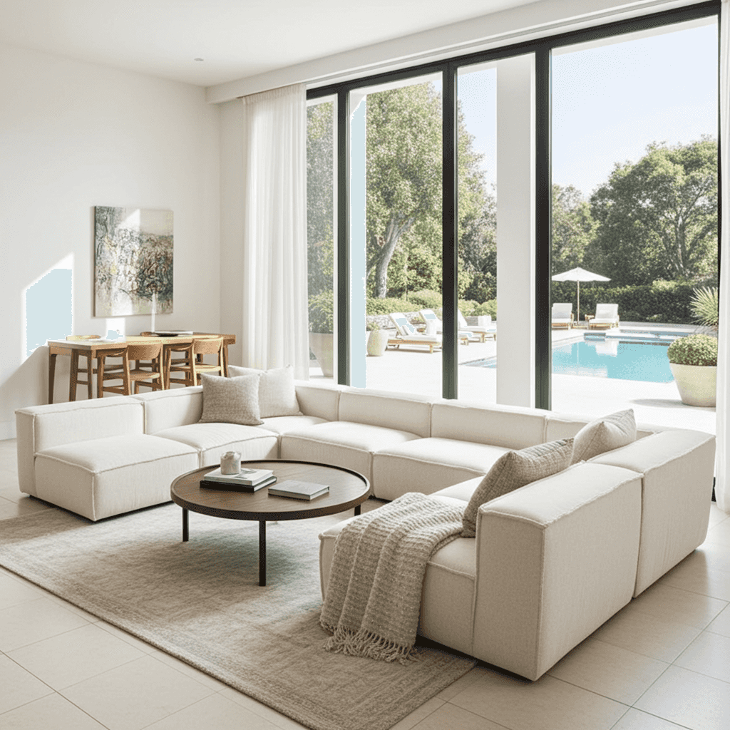 Modern living room with large white sectional sofa, neutral throw pillows, round wooden coffee table, and expansive glass doors showing outdoor pool and greenery