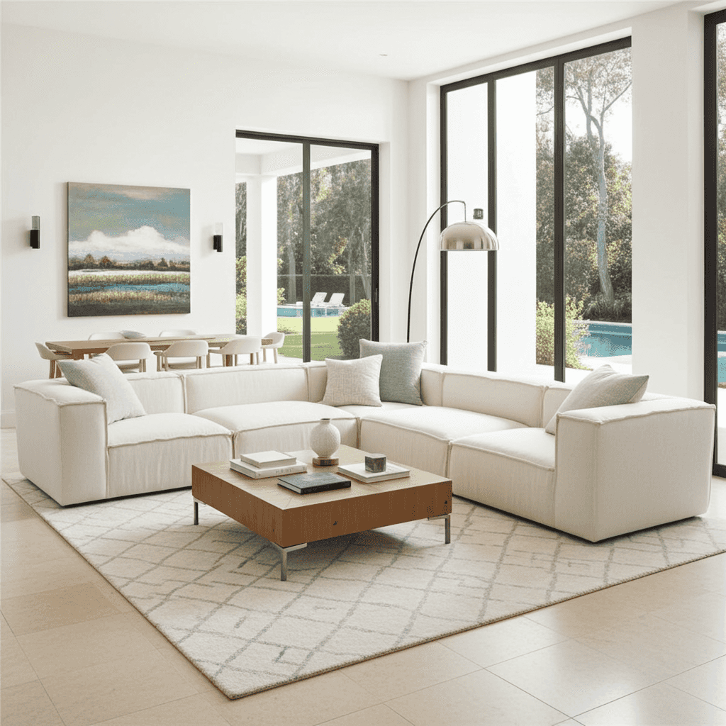 Bright living space featuring a white sectional sofa, large windows overlooking a backyard with pool, and a wooden dining table with chairs