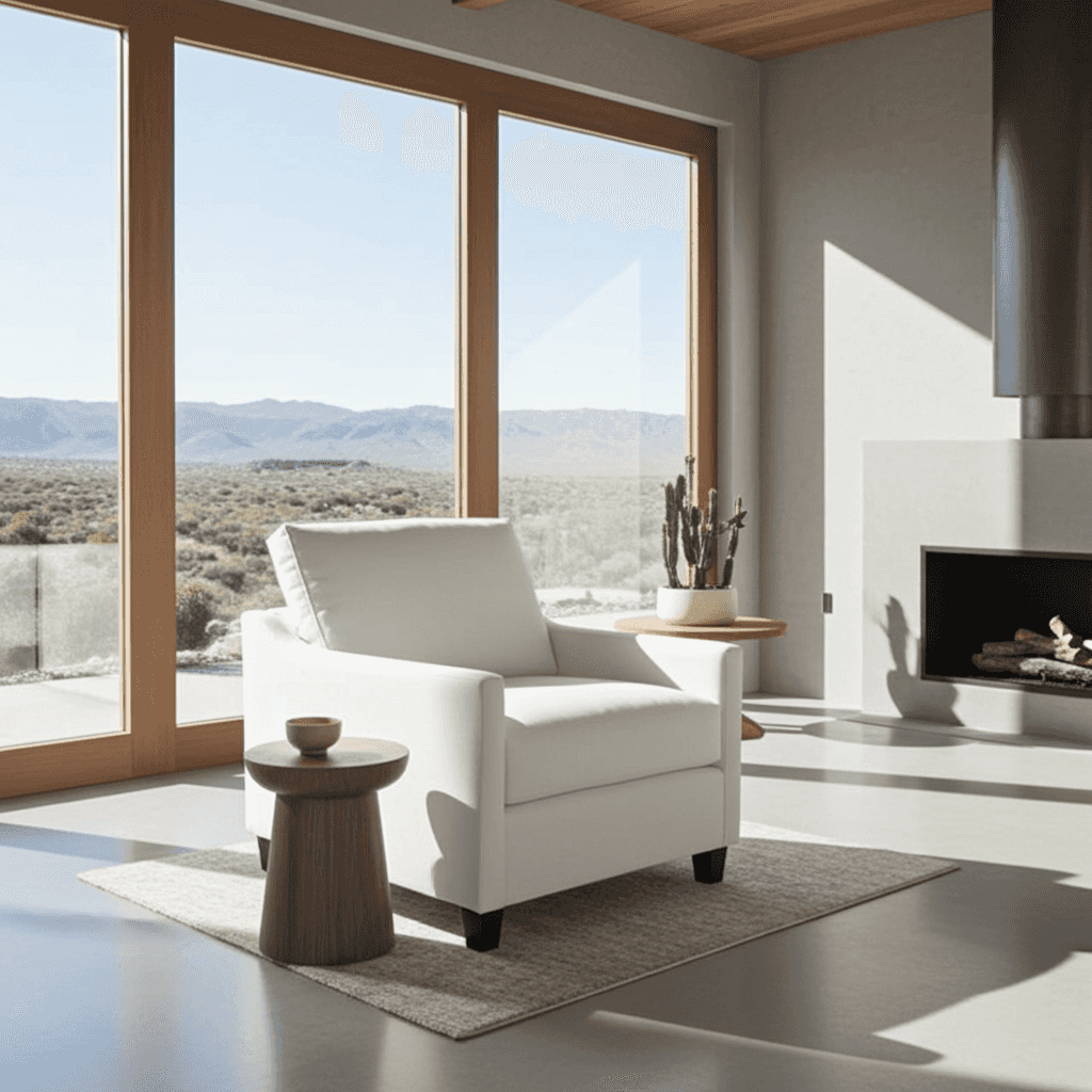 Modern living room with a white armchair, wooden side table, and large windows overlooking a scenic view.