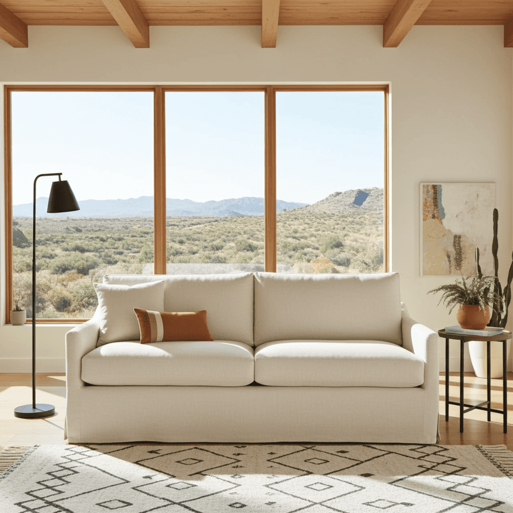 Beige sofa with a view of mountains through large windows in a living room.